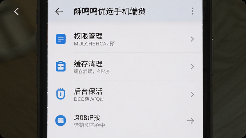 主体为酥鸣鸣优选手机端设置界面,布局为列表形式,显示权限管理、缓存清理、后台保活等选项,风格简洁清晰,细节文字清晰可读,画质高清,干净,无多余元素