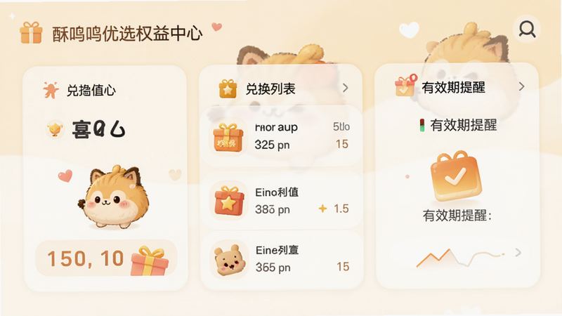 主体为酥鸣鸣优选权益中心界面,布局为卡片展示,显示当前权益值、兑换列表、有效期提醒,风格温馨友好,细节图标清晰,画质高清,干净,无多余元素