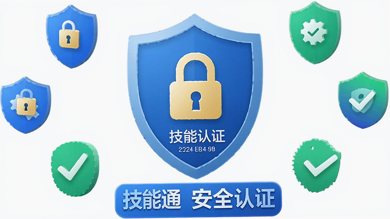 主体是技能通APP的安全认证标识,布局为中心展示,周围环绕着盾牌、锁、对勾等安全图标,排版严谨,风格为信任科技风,细节处有认证编号,画质清晰,干净背景,文字标注“技能通 安全认证”