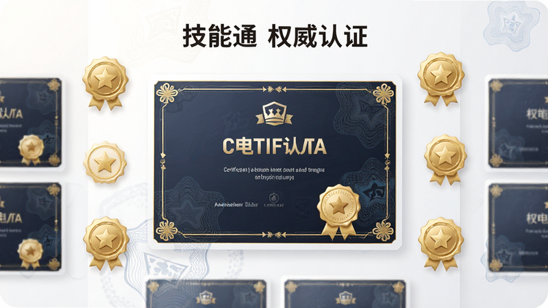 主体是技能通APP的证书展示页,布局为卡片式排列,中央是一张精美的电子证书样张,周围点缀着金色的徽章图标,排版大气庄重,风格为高端商务风,细节处有防伪水印效果,画质细腻,背景简洁,文字标注“技能通 权威认证”