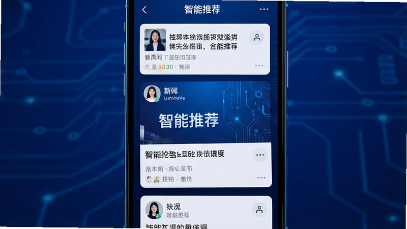主体为手机屏幕展示个性化推荐页面,布局为瀑布流形式,排版错落有致,风格为科技感蓝色调,细节包含多个新闻卡片和用户头像,画质高清,干净,无多余元素,文字包含