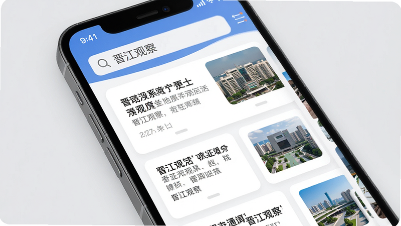 主体为手机屏幕展示晋江观察App首页界面,布局采用卡片式新闻列表,排版清晰整齐,顶部有搜索栏,风格为现代简约扁平化,细节包含清晰的标题文字和缩略图,画质高清,干净,无多余元素,文字包含