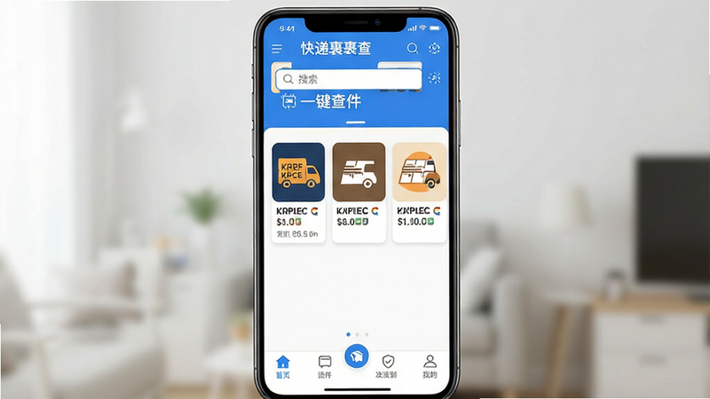 一张高清手机应用界面展示图,主体为“快递裹裹查”APP首页,布局清晰简洁,顶部显示搜索框,中间展示三个主流快递公司的图标卡片,底部为功能导航栏,整体采用蓝白配色的现代扁平化设计风格,界面元素清晰可见,无多余装饰,画质高清,干净无噪点,文字显示“快递裹裹查”和“一键查件”