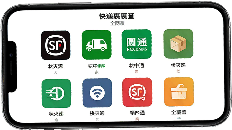 手机界面展示“快递裹裹查”APP的多快递支持功能,屏幕上以网格形式排列了多个快递公司的Logo图标,包括顺丰、中通、圆通等,每个图标下方有对应的状态提示,布局整齐对称,色彩鲜明,背景为白色,文字显示“全网覆盖”,画质清晰,风格简约,无多余装饰