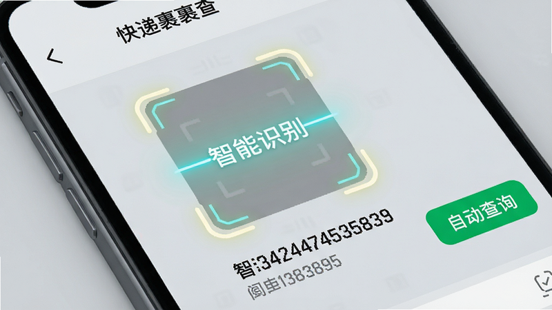 手机屏幕特写,显示“快递裹裹查”APP的识别界面,屏幕中央有一个高亮的扫描框,下方显示已识别的长串数字单号,背景为浅灰色,界面右侧有一个绿色的“自动查询”按钮,整体风格科技感强,细节清晰,文字清晰显示“智能识别”,画质细腻,无多余元素
