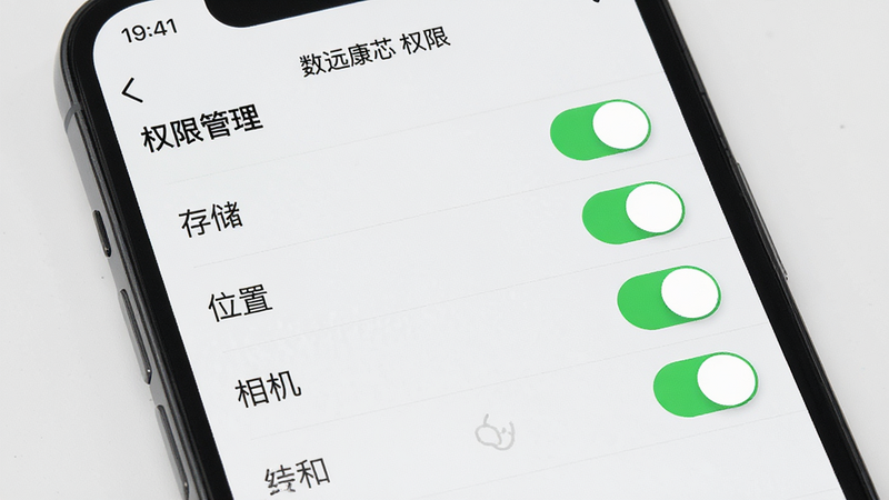 主体为手机设置界面,显示“权限管理”页面,布局列出存储、位置、相机等权限开关,风格简洁直观,细节显示绿色开启状态图标,高画质,干净,文字“数远康芯 权限”清晰