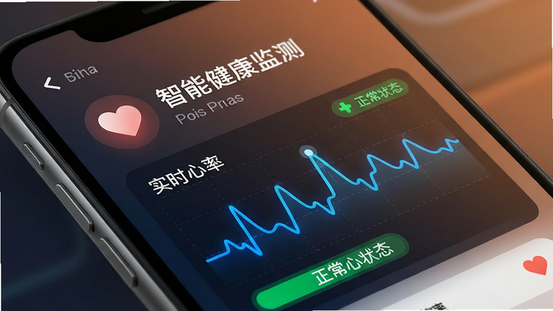 主体为手机界面展示“智能健康监测”功能模块,布局呈现心形图标与实时心率曲线图,风格科技感与温暖感结合,细节显示蓝色脉冲线条与绿色正常状态标识,高画质,干净,文字“实时心率”清晰