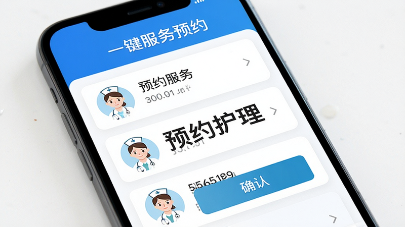 主体为手机屏幕显示“一键服务预约”界面,布局为列表形式展示上门服务选项,风格简洁明亮,细节包括护士头像图标与确认按钮,高画质,干净,文字“预约护理”醒目