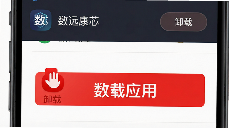 主体为手机应用管理界面,显示“数远康芯”条目,布局包含“卸载”按钮,风格警示色,细节显示红色卸载图标,高画质,干净,文字“卸载应用”醒目