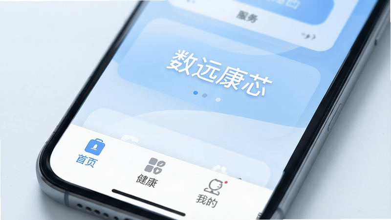 主体为智能手机屏幕特写,显示名为“数远康芯”的应用界面,布局清晰分为首页、服务、健康、我的四个底部导航栏,风格为现代简约医疗风,细节包括柔和的蓝白色调,高画质,干净无多余元素,文字“数远康芯”清晰可见