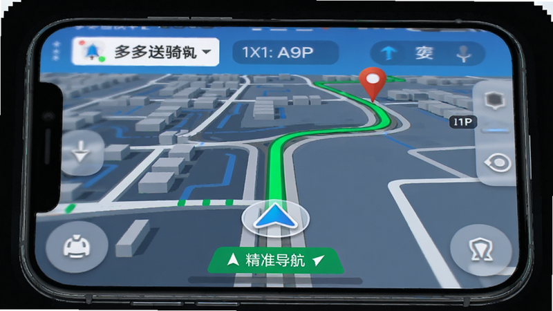 ����Ϊ�ֻ�������ͼ���棬��ʾ��������ֶ�APP�ĵ���ģʽ�����ְ�����·���硢��ǰλ�ñ�ǡ��յ��ǣ����Ƽ���UI��ƣ�ϸ�ڰ�����ɫ·�߸�����ʵʱ�ٶ���ʾ�������������ɾ���������ʾ