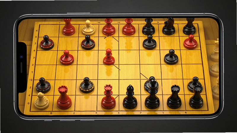 高清写实风格,主体为中国经典象棋安卓版手机界面预览图,布局为居中展示一部现代智能手机,屏幕显示棋盘,棋盘为暖黄色木纹质感,棋子为立体红黑两色,带有高光反射,排版简洁大气,背景为深灰色渐变,突出手机主体,细节丰富,8k分辨率,干净无多余元素