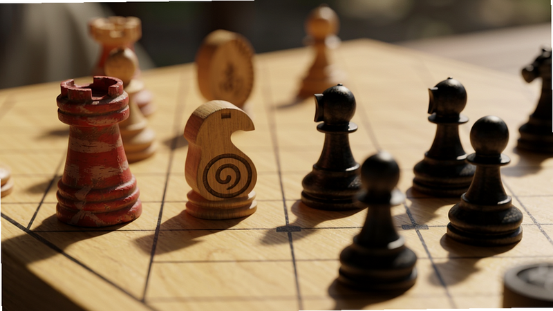 特写镜头风格,主体为棋盘局部,红方车马炮与黑方士象防守对峙,布局紧凑,排版聚焦焦点,风格写实光影,细节处棋子阴影清晰,画质锐利,背景虚化