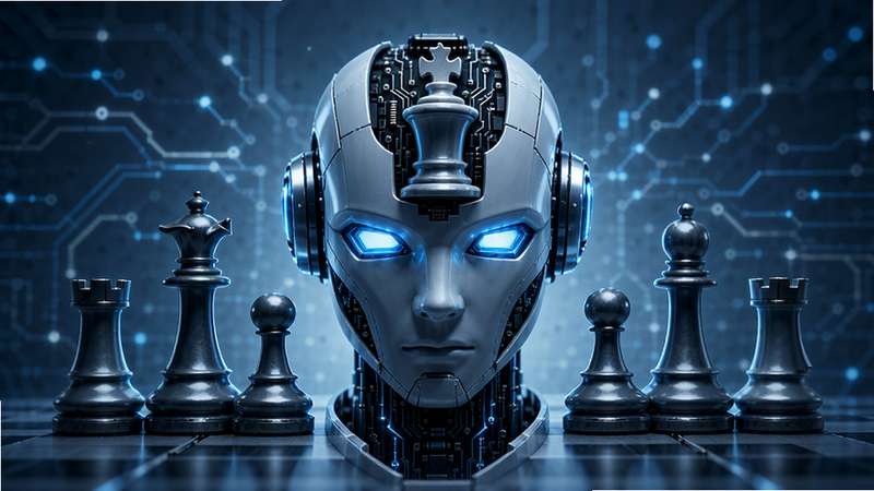 科技感风格,主体为机器人头部与象棋棋子的结合概念图,布局中心对称,排版具有未来感,风格冷色调科技蓝,细节处有电路纹理,画质超清,无杂乱背景