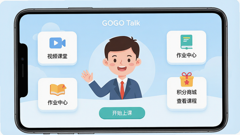 主体为GOGO Talk应用界面全景图,布局采用扁平化设计,中心展示一个卡通外教形象正在微笑互动,周围环绕着几个功能模块图标如“视频课堂”、“作业中心”和“积分商城”,背景为柔和的浅蓝色渐变,风格清新童趣,细节处包含清晰的按钮文字“开始上课”和“查看课程”,画质高清,干净,无多余元素