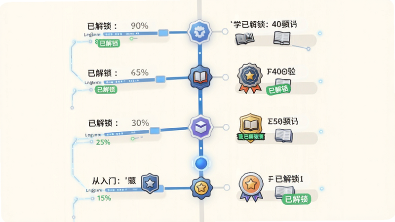 主体为学习路径进度条可视化图表,布局纵向排列,展示从入门到精通的多个节点,每个节点配有不同的徽章图标,背景为淡雅的米白色,风格简约科技感,细节包含百分比进度显示和“已解锁”标签,画质精细,干净,无多余元素
