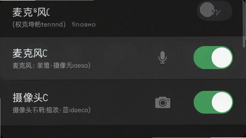 主体为手机设置界面截图,布局显示权限管理列表,高亮显示“麦克风”和“摄像头”权限开关为开启状态,背景为深灰色模式,风格现代简洁,细节包含权限描述文字和开关按钮状态,画质清晰,干净,无多余元素