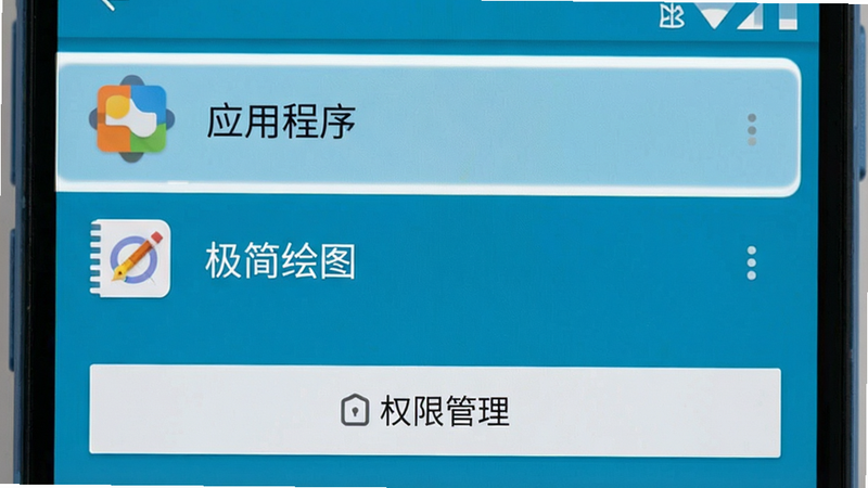 主体为手机设置界面截图,高亮显示“应用程序”和“极简绘图”选项,下方有“权限管理”按钮,背景为Android系统标准风格,色调偏冷,清晰展示操作步骤,高清,干净,无多余元素