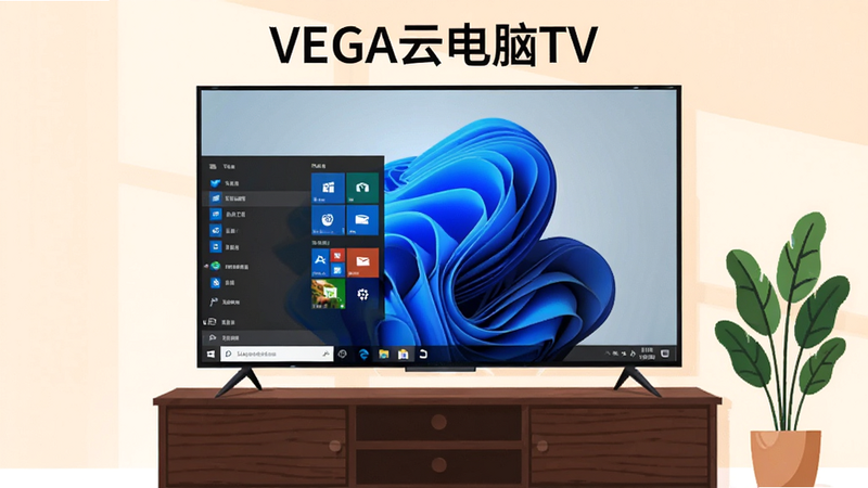 主体为现代简约风格的客厅场景,中心是一台巨大的4K智能电视,屏幕内显示着清晰的Windows桌面界面,包含开始菜单和任务栏,电视下方是深色木质电视柜,旁边有一盆绿植,整体色调明亮温馨,采用扁平化插画风格,布局居中,细节丰富,画质高清,干净无多余元素,文字“VEGA云电脑TV”显示在屏幕顶部