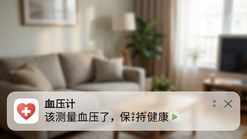 一张手机通知栏截图风格图片,背景为模糊的客厅场景,前景清晰显示一条来自“血压计”APP的通知,图标为十字加心形,文字内容为“该测量血压了,保持健康”。风格生活化,光线柔和,细节逼真,画质清晰,无多余干扰元素