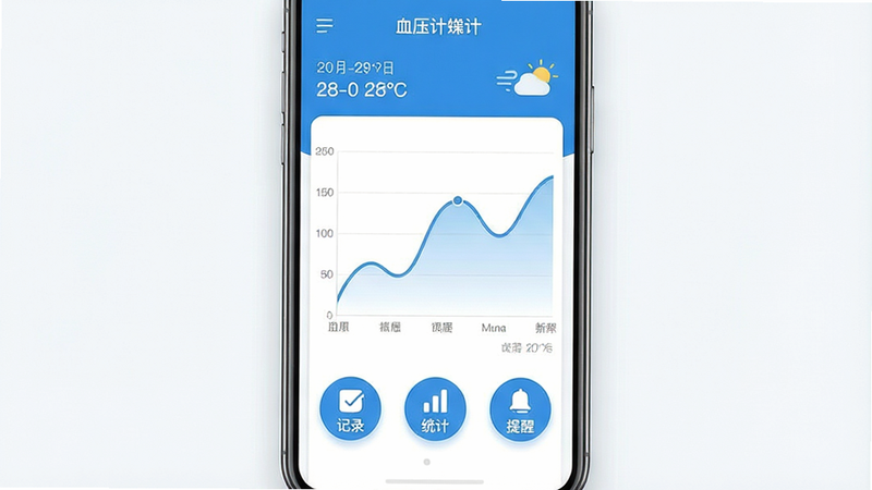 一张高清手机应用界面展示图,主体为“血压计”APP首页,布局清晰,顶部显示日期与天气,中间是大面积的蓝色趋势折线图,底部有三个圆形功能按钮“记录”、“统计”、“提醒”。风格为现代扁平化设计,色彩以医疗蓝和白色为主,细节处有柔和阴影,画质清晰,无多余元素,干净背景