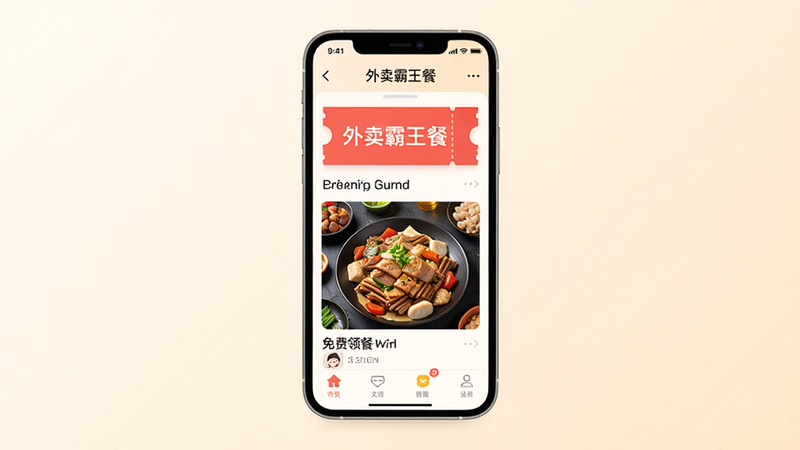 主体为“外卖霸王餐”APP的手机界面展示图,布局采用居中构图,背景为干净的浅米色渐变,排版简洁现代,风格为扁平化设计,细节包含手机屏幕内显示的红色优惠券图标和美食图片,画质高清,干净,无多余元素,屏幕文字显示“外卖霸王餐”和“免费领餐”