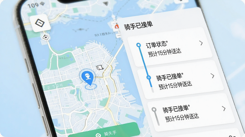 主体为“外卖霸王餐”APP的订单追踪界面,布局为地图与列表结合,背景为淡蓝色地图底色,风格为极简主义,细节展示骑手位置动态图标和订单状态时间轴,画质细腻,干净,无多余元素,屏幕文字显示“骑手已接单”和“预计15分钟送达”