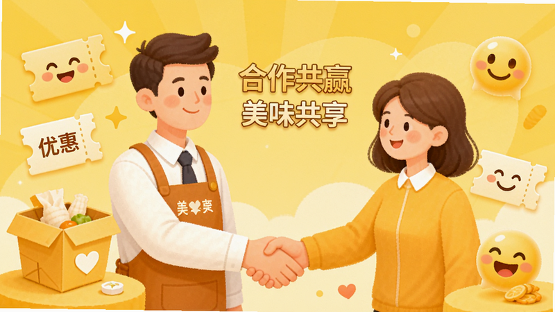 主体为商家与用户握手合作的插画,布局为左右对称,背景为明亮的黄色调,风格为温馨商务风,细节展示外卖盒、优惠券图标和笑脸表情,画质柔和,干净,无多余元素,屏幕文字显示“合作共赢”和“美味共享”
