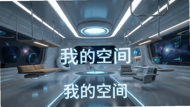 展示元我宙Mever虚拟空间场景的图片,主体为一个充满未来感的室内空间,有悬浮的家具和发光的装饰,布局开阔,排版平衡,风格为科幻写实,细节逼真,画质极高,干净,无多余元素,文字“我的空间”