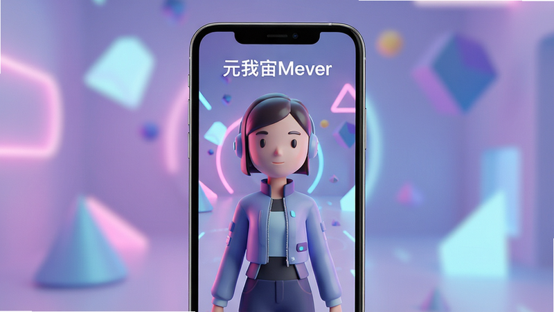一张展示元我宙Mever应用界面的概念图,主体为手机屏幕,显示一个精致的3D虚拟角色站在充满未来感的数字空间中,背景是柔和的霓虹灯光和抽象的几何图形,布局居中,排版简洁,风格为现代科技感,细节丰富,画质高清,干净,无多余元素,文字“元我宙Mever”清晰可见