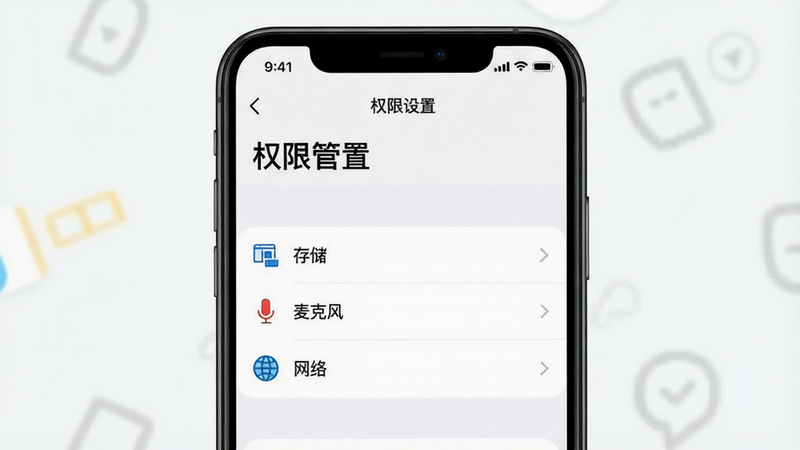 一张展示手机设置界面的示意图,主体为“权限管理”页面,高亮显示“存储”、“麦克风”、“网络”选项,布局列表式,排版整齐,风格为简洁UI设计,细节清晰,画质高,干净,无多余元素,文字“权限设置”