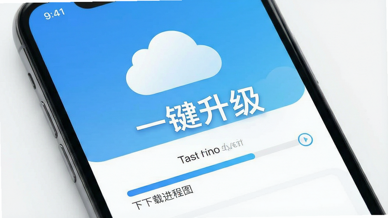 手机App界面显示下载进度条,背景为云端图标,布局简洁,风格清新明亮,文字“一键升级”醒目,高清,干净,无多余元素