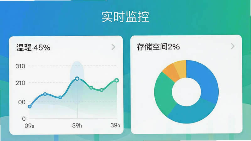 手机App界面截图风格,包含电量百分比、温度曲线图、存储空间饼图,布局规整,色彩以蓝绿为主,风格数据可视化,文字“实时监控”位于顶部,高清,干净,无多余元素