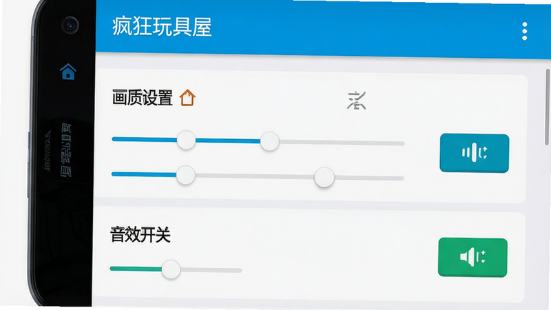 主体为安卓手机屏幕截图,显示《疯狂玩具屋》的设置界面,重点突出“画质设置”与“音效开关”选项,布局清晰,风格为扁平化UI设计,细节展示滑块与按钮状态,画质高清,干净背景,无多余水印,文字“画质设置”清晰可见