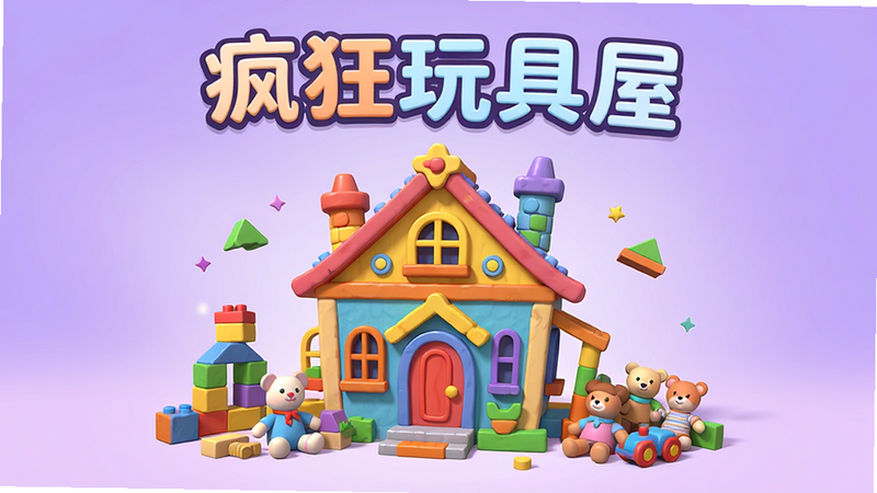 主体为一款名为“疯狂玩具屋”的安卓手机游戏宣传海报,画面中央是一座色彩斑斓、结构复杂的卡通风格玩具屋,周围散落着积木、玩偶等元素,背景为柔和的渐变紫色,排版居中,风格为高保真3D渲染,细节丰富,画质清晰,干净无多余元素,文字“疯狂玩具屋”位于顶部中央,字体圆润可爱