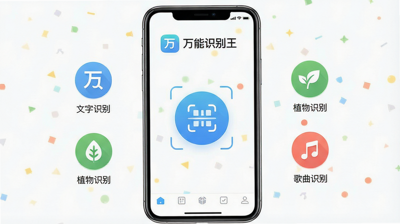 一张高保真的UI界面设计图,主体为“万能识别王”手机应用首页,布局清晰,顶部显示应用Logo和名称“万能识别王”,中间是一个醒目的圆形扫描按钮,周围环绕着“文字识别”、“植物识别”、“歌曲识别”三个功能图标,底部有导航栏,风格为扁平化极简设计,色彩清新明亮,细节精致,4k画质,干净无多余元素