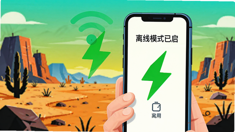“万能识别王”在无网络信号下的工作场景插画,手机屏幕显示“离线模式已启用”,旁边有一个绿色的闪电符号代表快速,背景是户外荒野,象征无网络环境,风格现代简约,色彩对比强烈,突出“离线”和“快速”两个核心点,画质清晰