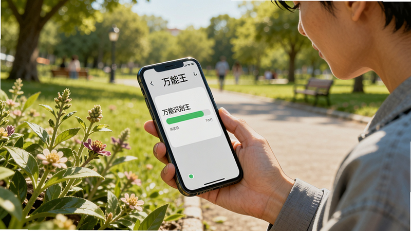 “万能识别王”在户外使用场景的写实风格插画,一个人手持手机正在扫描路边的植物,手机屏幕上显示识别进度条,背景是阳光明媚的公园,色彩鲜艳自然,强调户外使用的便捷性,高清摄影质感,无多余杂物