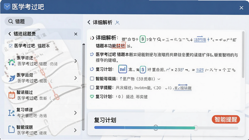 主体为‘医学考过吧’错题本功能界面,左侧显示错题列表,右侧显示详细解析,底部有‘复习计划’进度条,文字标注‘智能提醒’,布局左右分栏,风格专业严谨,细节清晰,画质清晰,无多余元素