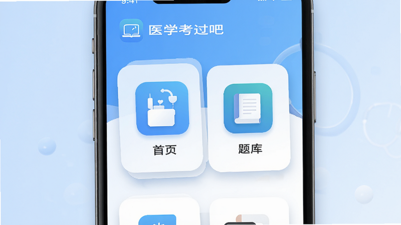 主体为‘医学考过吧’APP手机端界面展示,背景为干净的浅蓝色渐变,屏幕中央显示‘首页’与‘题库’模块,图标清晰,布局整齐简约,风格现代扁平化,细节处有细微阴影增强立体感,画质高清,无多余元素