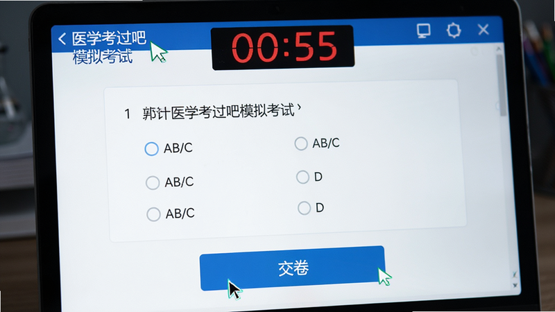 主体为‘医学考过吧’模拟考试界面,屏幕顶部显示倒计时,中间为单选题题目,选项A/B/C/D清晰排列,底部有‘交卷’按钮,风格紧张专注,细节处有光标闪烁效果,画质高清,无多余元素