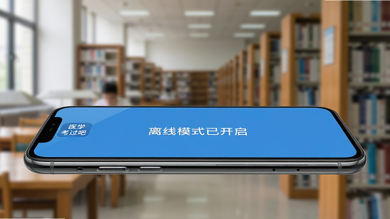 主体为手机侧面视角,展示‘医学考过吧’APP运行状态,屏幕显示‘离线模式已开启’,背景为模糊的图书馆环境,风格写实,细节处有手机边框反光,画质高清,无多余元素