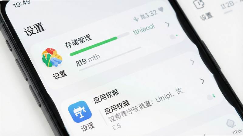 主体为手机设置界面,显示存储管理与应用权限,布局清晰,背景为白色,风格为扁平化UI,细节图标清晰,画质高清,干净,文字显示