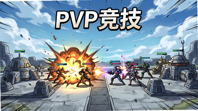 主体为PVP对战场景,两个基地对峙,中间有激烈战斗,布局对称,背景为天空与云层,风格为动态漫画,细节爆炸效果,画质高清,干净,文字显示