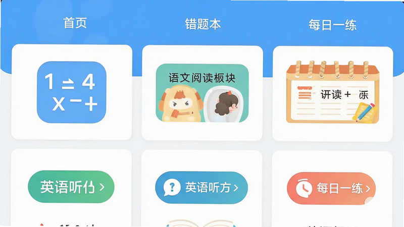 ����ΪСѧˢ�ⱦAPP�������ͼ����������չʾ��ҳ����ģ�飬�Ű���ÿ�Ƭʽ������ƣ����Ϊ��ƽ�����½����磬ϸ�ڰ�����ѧ��ʽͼ�ꡢ�����Ķ���顢Ӣ��������ť�����ʸ����������ɾ��޶���Ԫ�أ��������ݰ�������ҳ���������Ȿ������ÿ��һ����