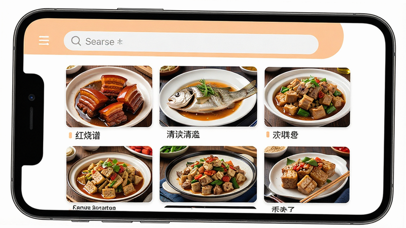 һ�Ÿ����ֻ���Ļ��ͼ��չʾ��������ʳʳ�ס�App�������棬������Ƽ�����£��԰�ɫ�͵���ɫΪ��ɫ�������������������м�������״���еĲ�Ʒ����ͼ�����������⡢������ȣ�ͼƬ�������������룬�޶���Ԫ�أ�4k����