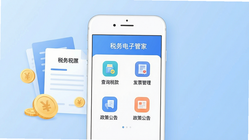 主体为现代简约风格的手机应用界面展示图,中心放置一部白色智能手机,屏幕显示“税务电子管家”App首页,界面包含“查询税款”、“发票管理”、“政策公告”等清晰图标,背景为淡蓝色渐变,左侧有抽象的税务文档和金币元素点缀,整体风格专业、干净、无多余元素,高清画质,文字“税务电子管家”清晰可见