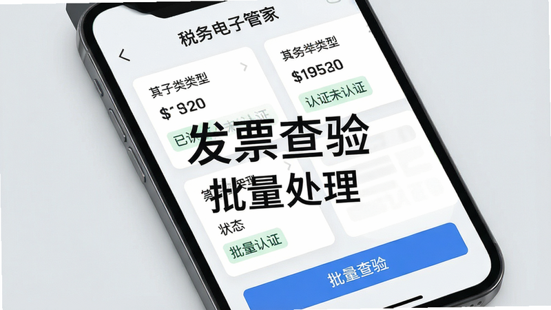 手机屏幕特写,显示“税务电子管家”的发票管理页面,界面上有多个发票卡片,每张卡片显示发票类型、金额、状态(已认证/未认证),底部有“批量查验”按钮,背景为浅灰色,突出功能的实用性,文字“发票查验”、“批量处理”清晰,风格现代简约,高清,干净