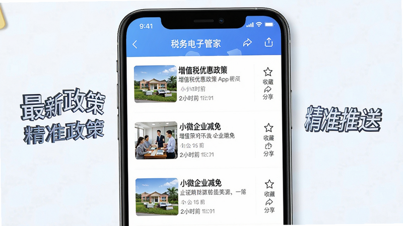展示税务电子管家App的政策资讯页面,屏幕显示多条新闻列表,标题涉及“增值税优惠政策”、“小微企业减免”,每条新闻配有缩略图和发布时间,界面右侧有“收藏”、“分享”图标,背景明亮,文字“最新政策”、“精准推送”清晰,风格专业,高清,无杂乱元素