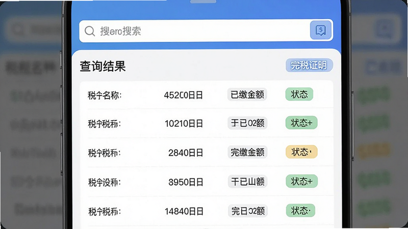 展示税务电子管家App内的查询界面,屏幕中央为列表形式的税款查询结果,包含税种名称、应缴金额、已缴金额、状态标签,界面顶部有搜索框,背景简洁,突出数据可视化的整洁感,文字“查询结果”、“完税证明”清晰,风格扁平化,高清,无水印